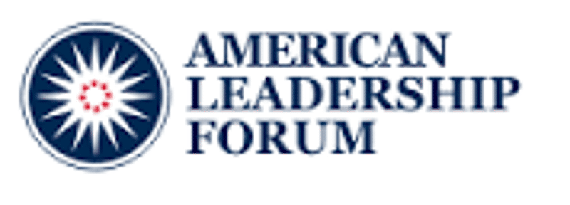 The image features the logo of the American Leadership Forum. The logo consists of a circular emblem with radiating lines, resembling a stylized sun or star, positioned to the left of the organization's name. The text "AMERICAN LEADERSHIP FORUM" is written in a bold, sans-serif font, with "AMERICAN LEADERSHIP" stacked above "FORUM". The color scheme is primarily blue and white, with some red in the emblem.